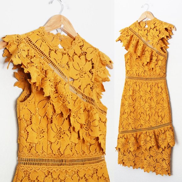 NEW SAYLOR Reine Mustard Yellow Sheath Midi Dress XS Lace Open Back Ruffle  $264 - Picture 4 of 15